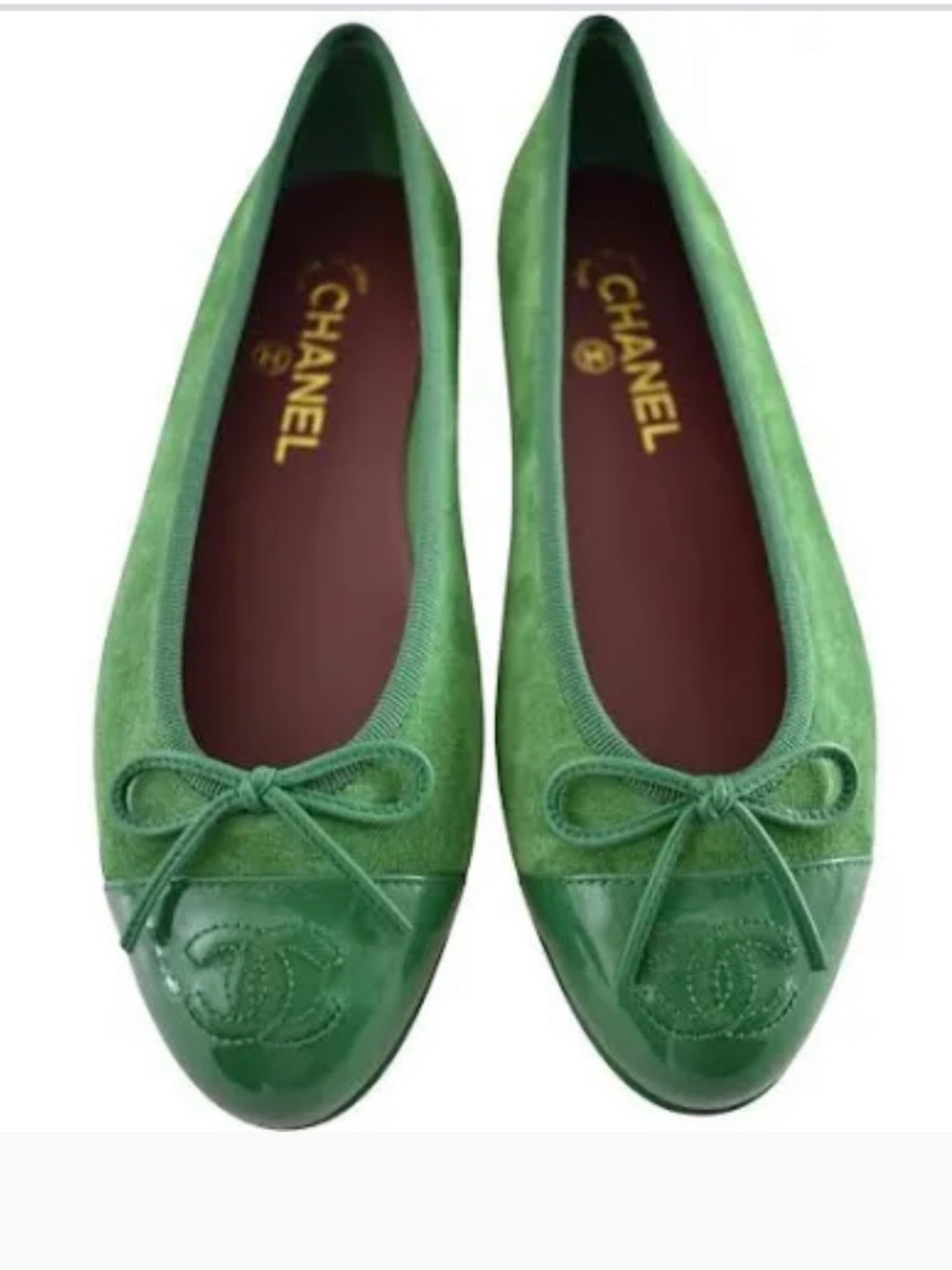 BNWB CHANEL 26A ballerina Green Suede & Patent CC Cap-Toe Ballet Flats